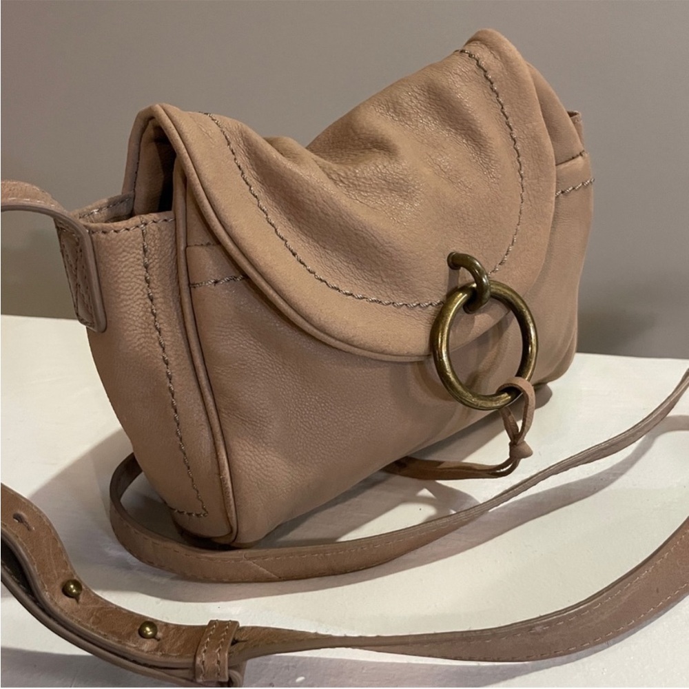 Lucky Brand Leather Crossbody Bag Taupe O Ring Tassel Boho Flap